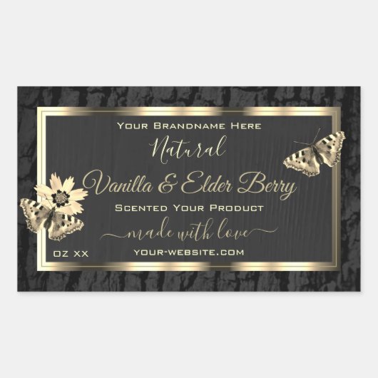 黒木の樹皮と木目の金ゴールド製品ラベル 長方形シール (正面)