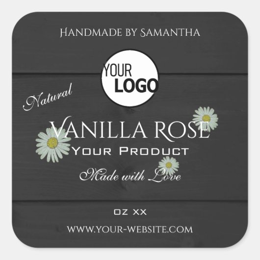 黒木目製品ラベルフローラデイジーロゴ スクエアシール (正面)