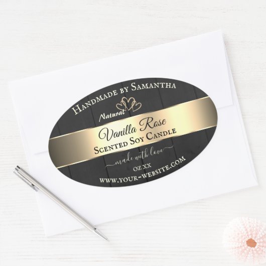 黒木目金ゴールドデコール製品ラベルハート 楕円形シール (封筒)