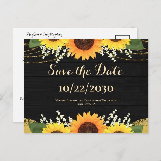 黒木素朴のヒマワリの結婚式の日付保存 案内ポストカード (正面/裏面)