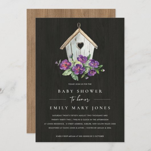 黒木造フローラ素朴バードハウス赤ちゃんシャワー 招待状 (正面/裏面)