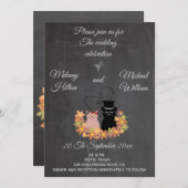 黒板おもしろいフローラ可愛い猫結婚カップル 招待状 (正面/裏面)