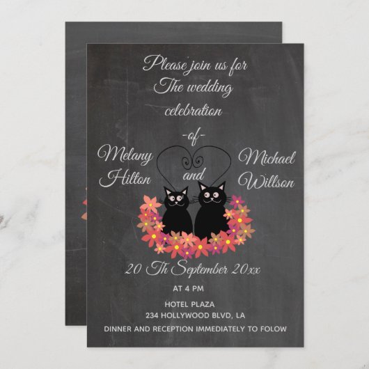 黒板おもしろいフローラ可愛い猫結婚カップル 招待状 (正面/裏面)