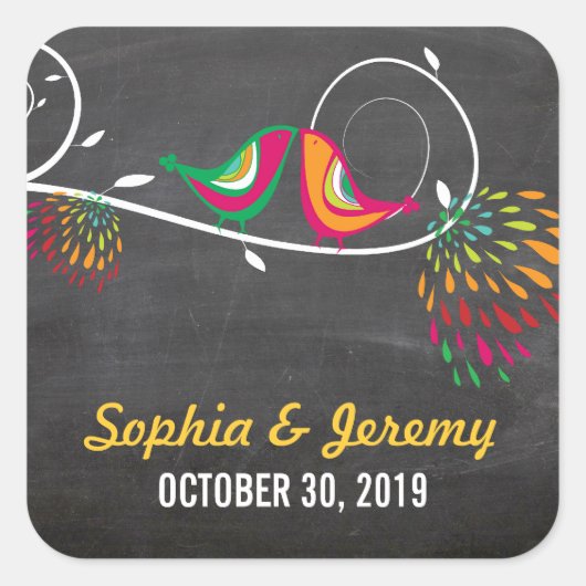 黒板お洒落キスをする夏の鳥結婚の スクエアシール (正面)