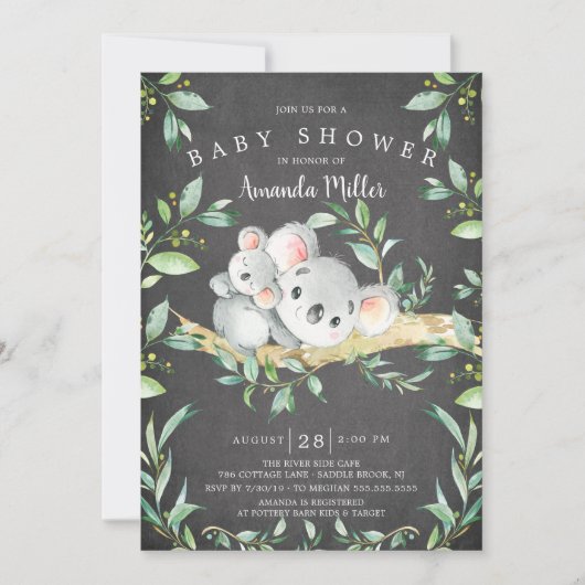 黒板かわいいコアラクマ赤ちゃんシャワー 招待状 (正面)