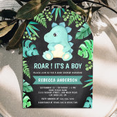 黒板かわいいティール(緑がかった色)恐竜アーチ赤ちゃんシャワー 招待状