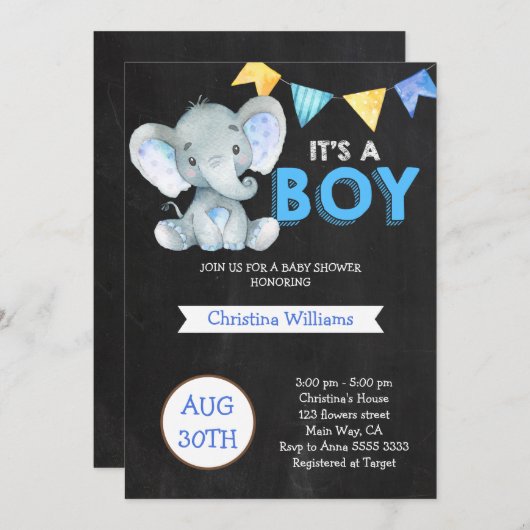 黒板かわいい象の男の子の赤ちゃんシャワー 招待状 (正面/裏面)