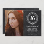 黒板かわいらし|フォトSweet sixteen誕生日 招待状 (正面/裏面)