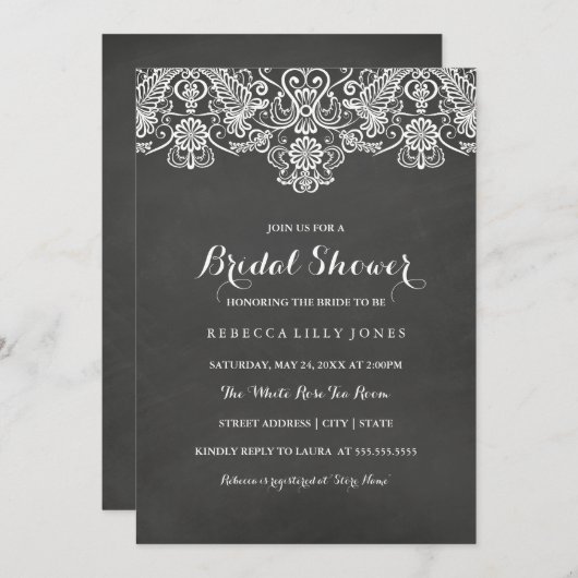 黒板とホワイトレース | ブライダルシャワーへの招待 招待状 (正面/裏面)