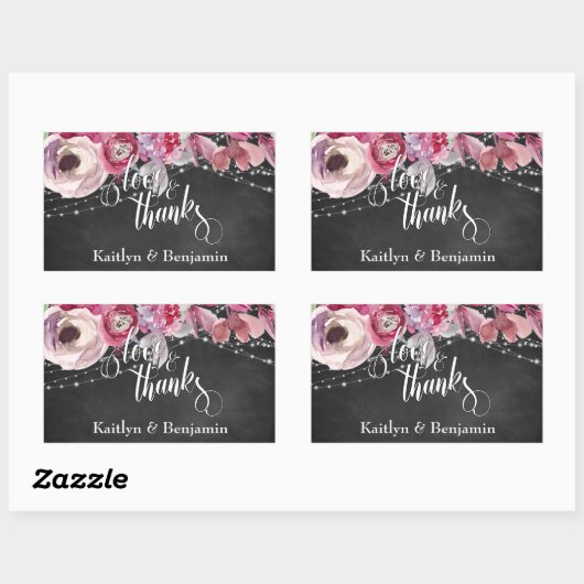 黒板とライト、ピンクの花の愛と感謝 長方形シール (シート)