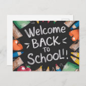 黒板と学校用品新学期 ポストカード (正面/裏面)