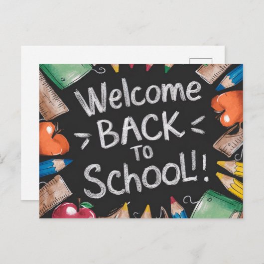 黒板と学校用品新学期 ポストカード (正面/裏面)