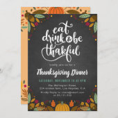 黒板と葉が感謝の夕食を与える 招待状 (正面/裏面)