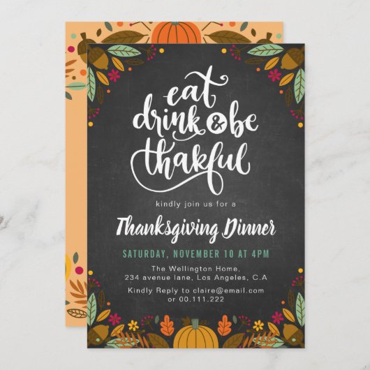 黒板と葉が感謝の夕食を与える 招待状 (正面/裏面)
