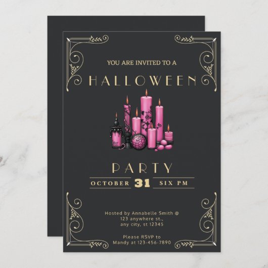 黒板と金ゴールドピンクキャンドルハロウィーン 招待状 (正面/裏面)