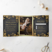 黒板と金箔離れフローラ結婚ズ 三つ折り招待状 (内部)