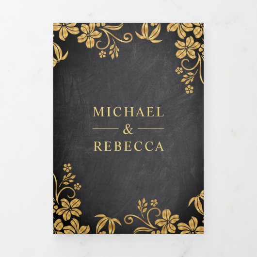 黒板と金箔離れフローラ結婚ズ 三つ折り招待状 (カバー)