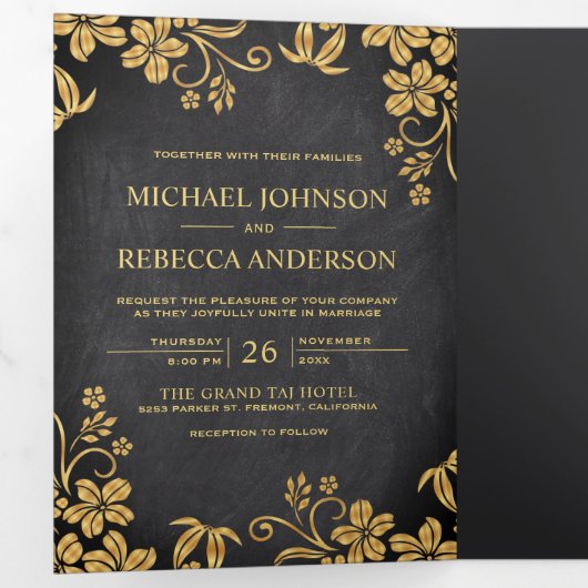 黒板と金箔離れフローラ結婚ズ 三つ折り招待状 (内部最初)
