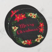 黒板にポインセチア、メリークリスマス!ラウンド シーズンカード (正面/裏面)