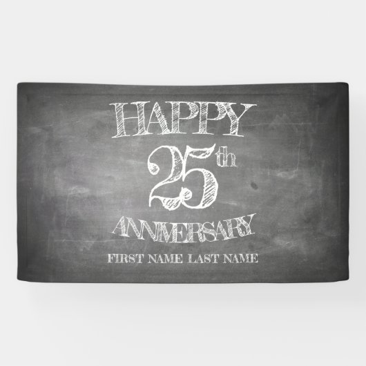 黒板に書かれたハッピー25周年記念 横断幕 (横)