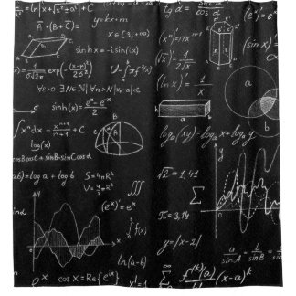 黒板に科学の公式が記され  シャワーカーテン