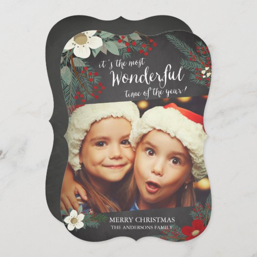 黒板に花と松の枝のクリスマスカード シーズンカード (正面/裏面)