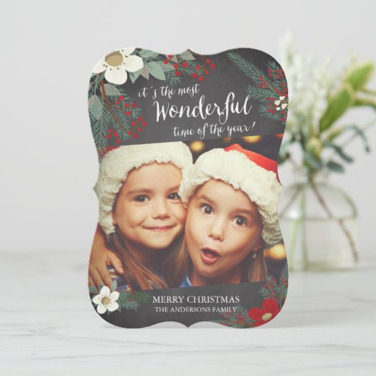 黒板に花と松の枝のクリスマスカード シーズンカード (スタンド正面)