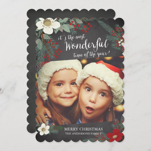 黒板に花と松の枝のクリスマスカード シーズンカード (正面/裏面)