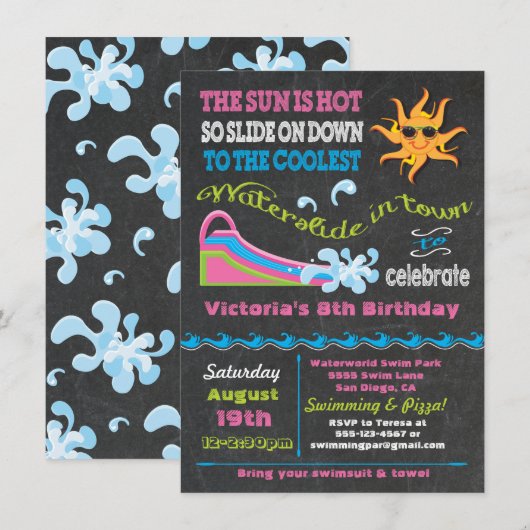 黒板のウォーター スライド プール 誕生日パーティー 招待状 (正面/裏面)