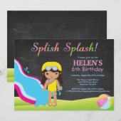 黒板のウォーター スライド プール 誕生日パーティー 招待状 (正面/裏面)