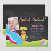 黒板のウォーター スライド プール 誕生日パーティー 招待状 (正面/裏面)