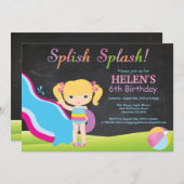 黒板のウォーター スライド プール 誕生日パーティー 招待状 (正面/裏面)