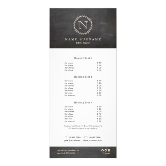 黒板のエレガントでシックなクリーム色のアイボリーの葉のモノグラム ラックカード (正面)