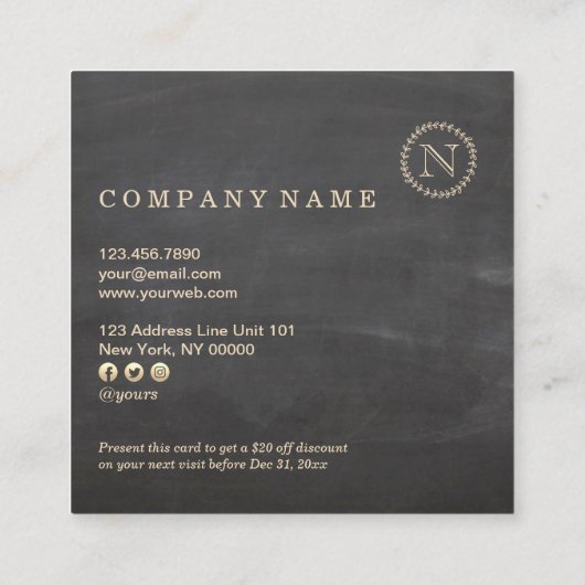 黒板のエレガントなモノグラムの正方形の割引カード スクエア名刺 (裏面)