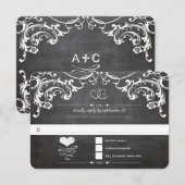 黒板のキュートなハートイニシャルタイポグラフィー　出欠のご連絡お願いします 出欠カード (正面/裏面)