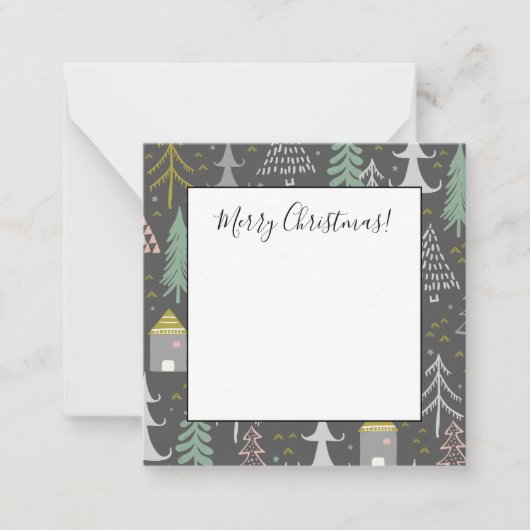 黒板のクリスマスツリーと家 ピンク 黄色 ノートカード (正面)