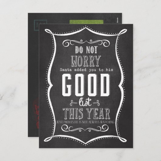 黒板のサンタのおもしろいなよいリストのクリスマス シーズンポストカード (正面/裏面)