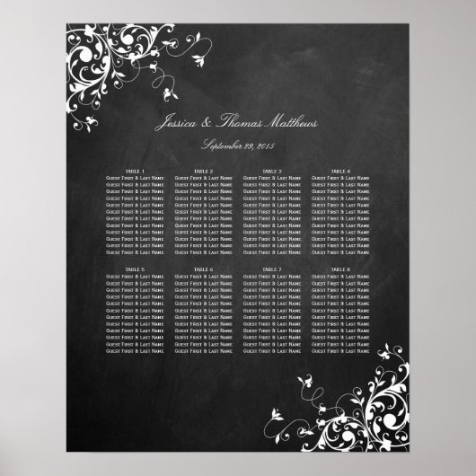 黒板のシーティングチャート結婚上の白い渦巻き旋回 ポスター (正面)