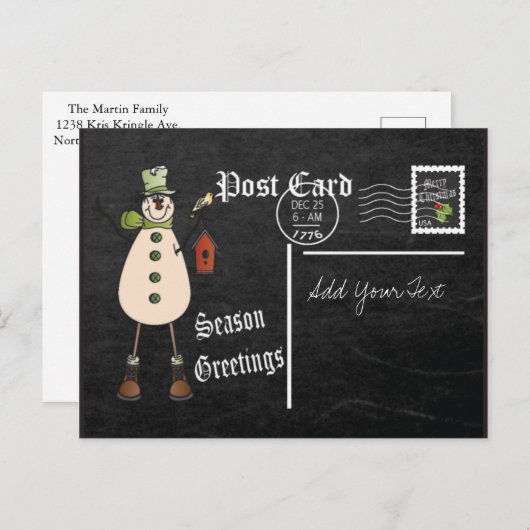 黒板のスタイルの緑の雪だるまの郵便はがき シーズンポストカード (正面/裏面)