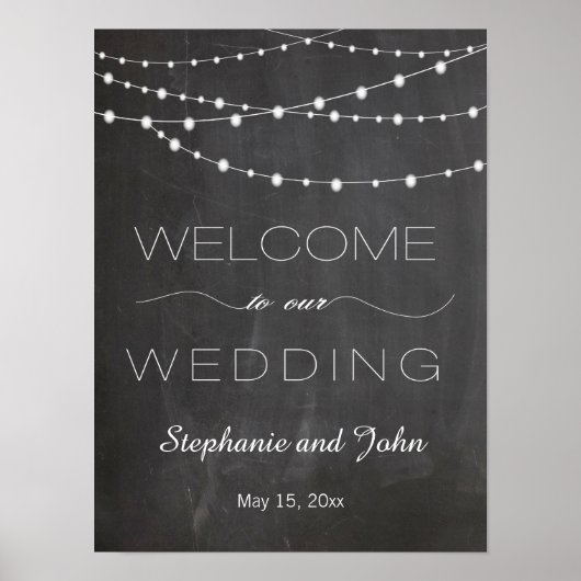 黒板のストリングライト結婚ウェルカムのサイン ポスター (正面)