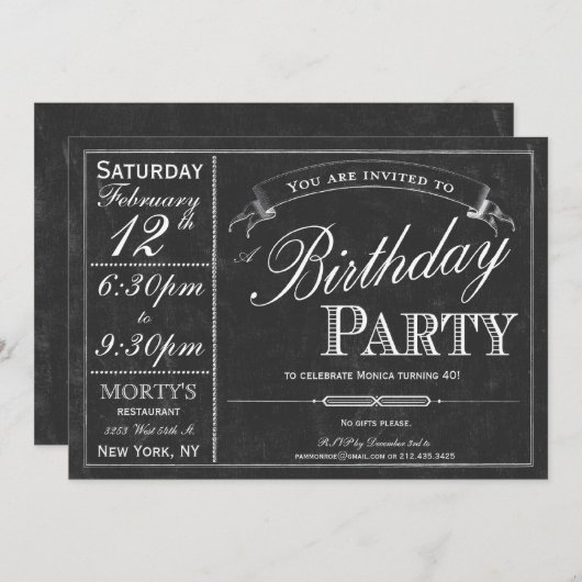 黒板のタイポグラフィのパーティの招待状 招待状 (正面/裏面)