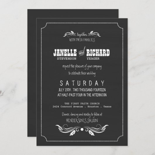 黒板のタイポグラフィのヴィンテージの結婚式招待状 招待状 (正面/裏面)
