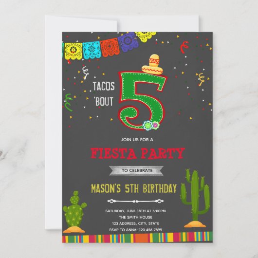 黒板のタコス5歳誕生日招待状 招待状 (正面)