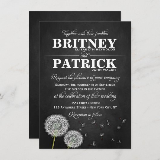 黒板のタンポポのヴィンテージの結婚式招待状 招待状 (正面/裏面)