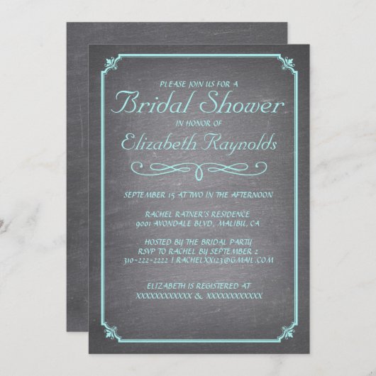 黒板のティール（緑がかった色）及び銀のブライダルシャワー招待状 招待状 (正面/裏面)