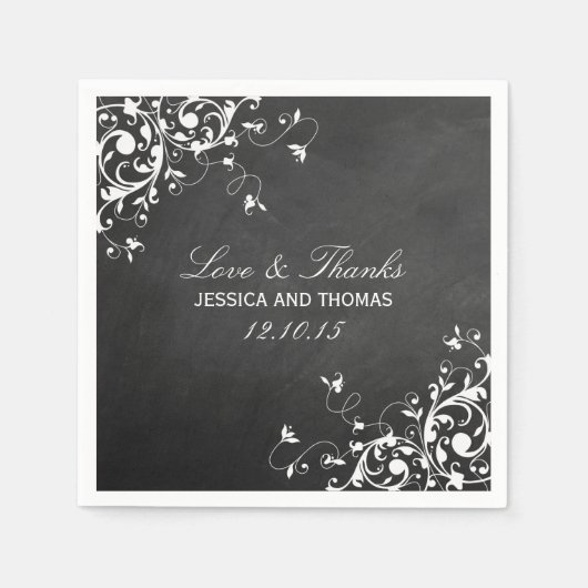 黒板のナプキンに白い結婚渦巻き旋回 スタンダードカクテルナプキン (正面)