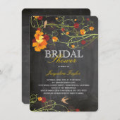 黒板のハイビスカスと花と鳥のブライダルシャワー 招待状 (正面/裏面)