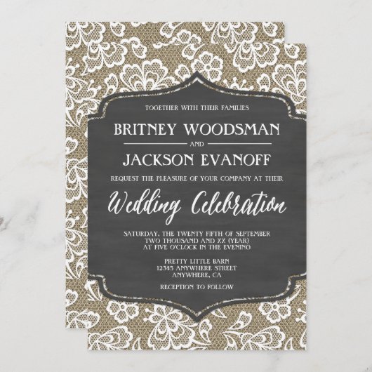 黒板のバーラップおよびレースの結婚式招待状 招待状 (正面/裏面)