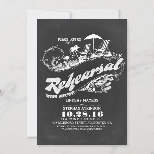 黒板のビーチのリハーサルの夕食の招待状 招待状 (正面)