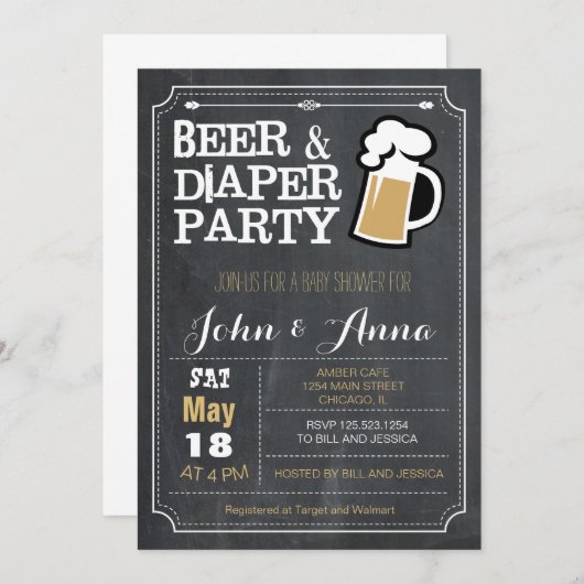 黒板のビールおよびおむつのカップルのベビーシャワー 招待状 (正面/裏面)
